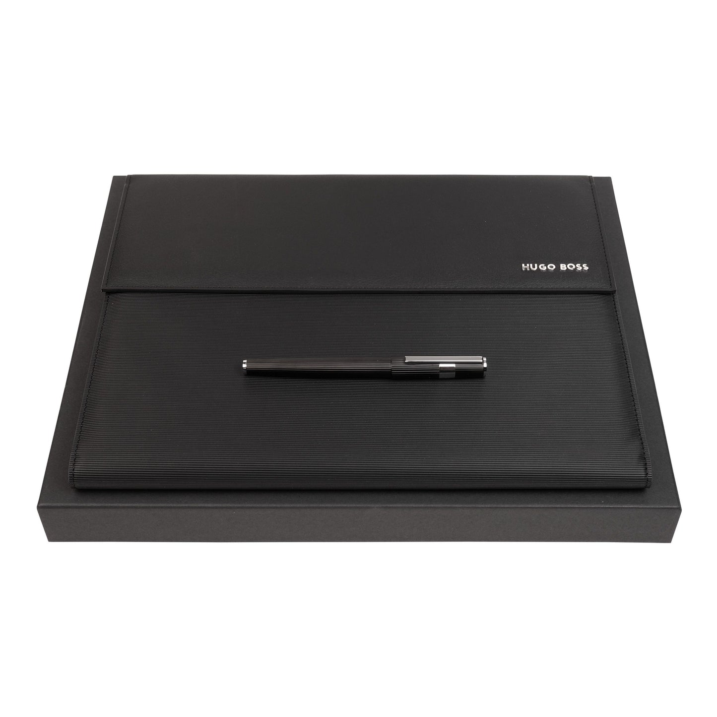 Hugo Boss Schreibset GEAR PINSTRIPE Black / Chrome | Tintenroller und A4 Schreibmappe