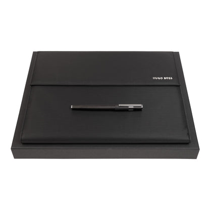 Hugo Boss Schreibset GEAR PINSTRIPE Black / Chrome | Tintenroller und A4 Schreibmappe